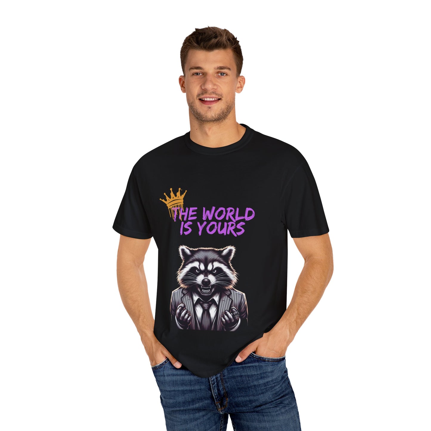 The World is Yours Unisex Garment-Dyed T-Shirt - Cool Raccoon Design